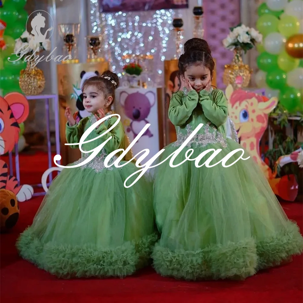 

Shiny Sequined Applique High Neck A Line Long Ball Flower Girl Dress Tulle Pleat Floor Length First Communion Dress Customized