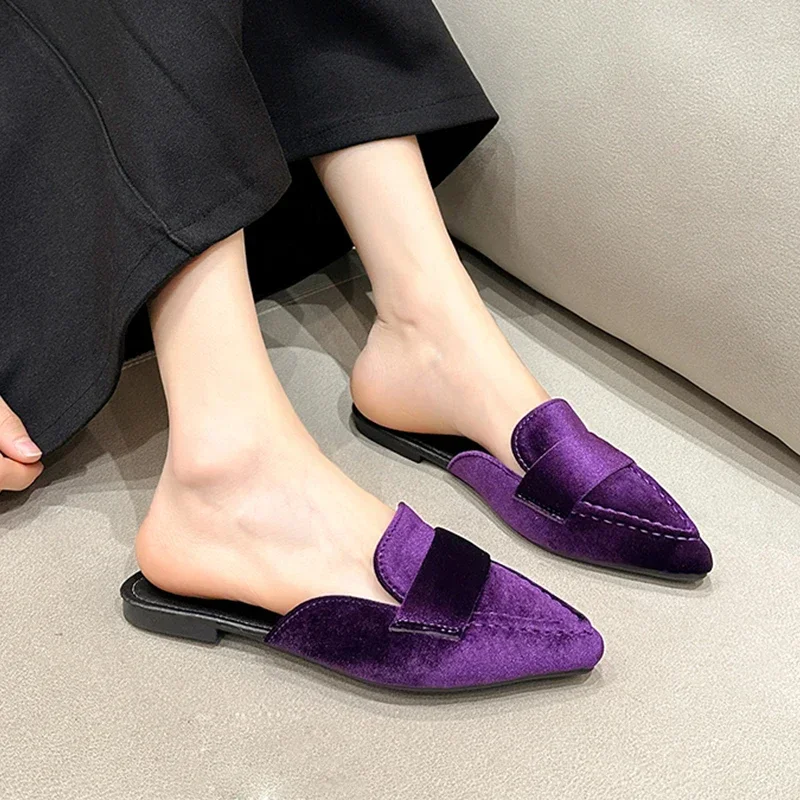 Flats Women Pointed Toe Mules Shoes Spring New Suede Slippers Cozy Shoes 2024 Sandals Fashion Flip Flops Mujer Zapatos Slingback