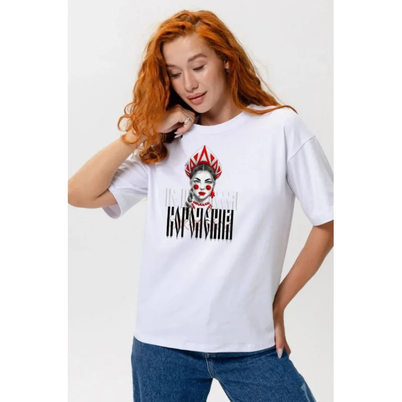 Chic Russian Fashion T-shirts 100% Cotton Retro Folk Style Red Ornament Lady Portrait Gothic Vertical Text Print Oversized Tee