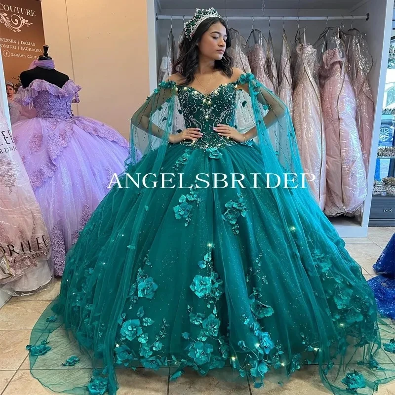 ANGELSRIDEP-Vestidos De baile para quinceañera, con capa 3D De flores, color verde esmeralda, para fiesta De cumpleaños De 15 Años, 2024