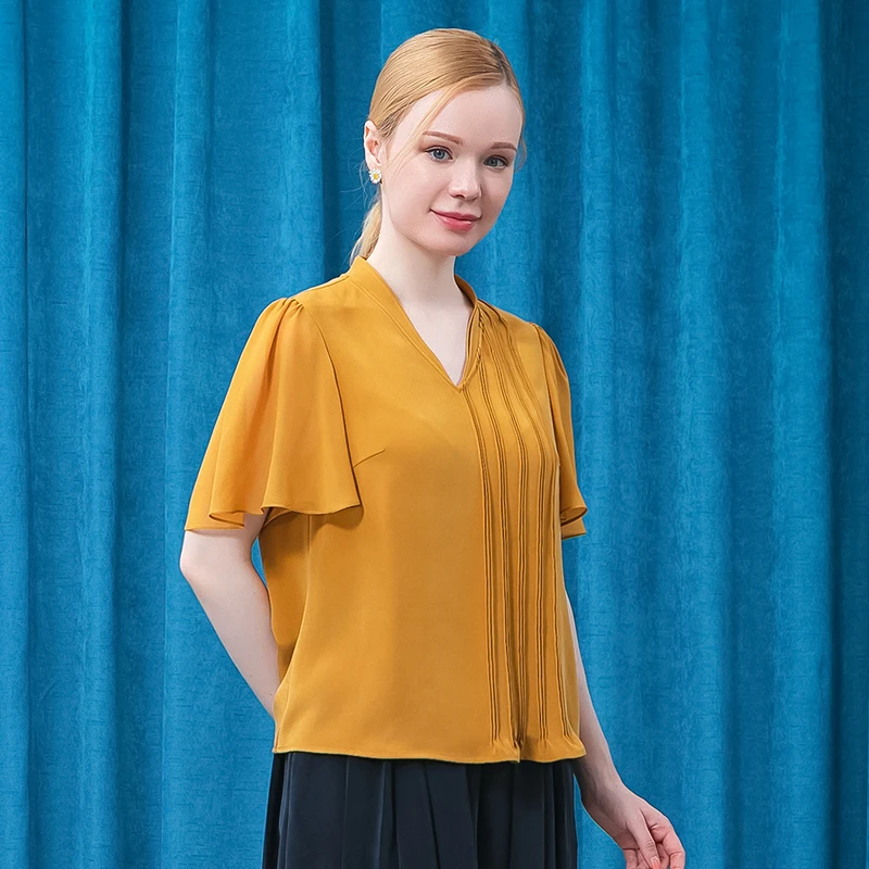 

Silk 30m/m Heavy V-neck Champagne Yellow Lotus Leaf Short Sleeve Asymmetric Design Fold Dovetail Straight T-shirt BE661