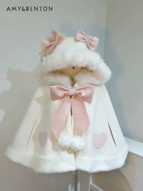 Lolita Princess Bow Plush Hooded Cloak Winter New Japanese Style Sweet Cute Rabbit Ears Thickened Warm Cloak Jackets for Women