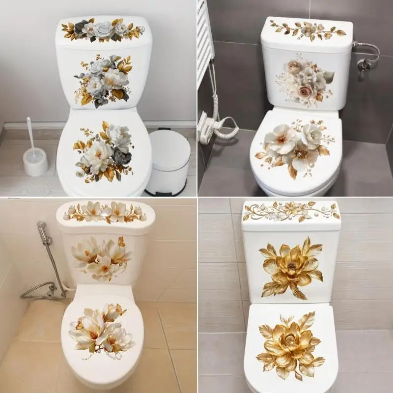 【F】Floral Toilet Sticker Waterproof Bathroom Wall Sticker Toilet Lid Sticker Self-Adhesive Removable Decals Home Decor