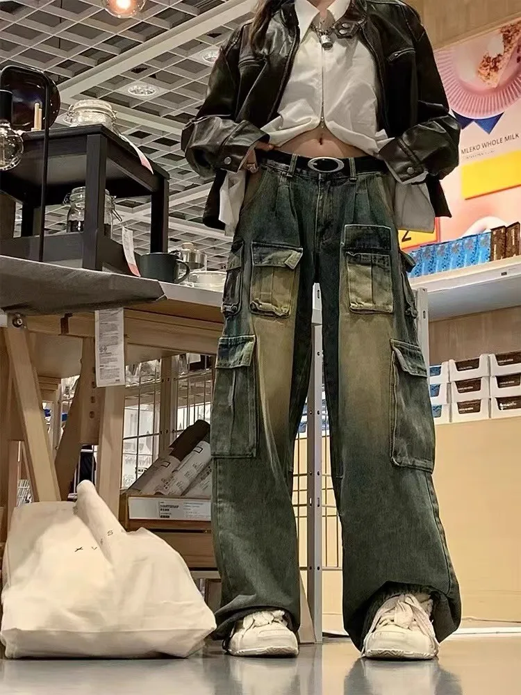 Pantaloni lunghi in denim da lavoro retrò americano Waed Primavera Autunno Trendy Brand Multi ket Pantaloni larghi a gamba dritta a gamba larga