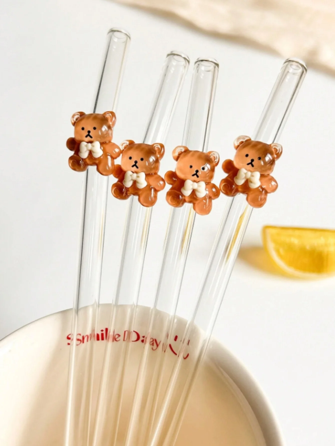 1/5/7PCS Bear Glass Straw Set, Reusable Bent Straws for Milk Tea Cocktails Iced Drinks, Cozy Vibes Dessert Shop Date Gift
