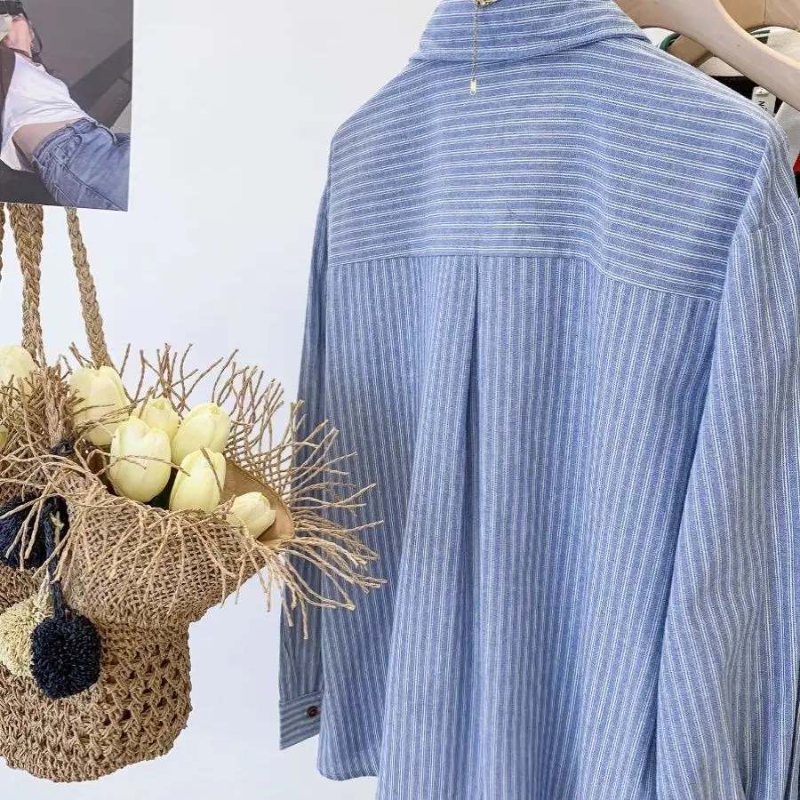 Classic Blue Stripe Women Shirts Harajuku Streetwear Spring Summer Long Sleeve Vintage Blouse Sunscreen Retro Oversize Shirts