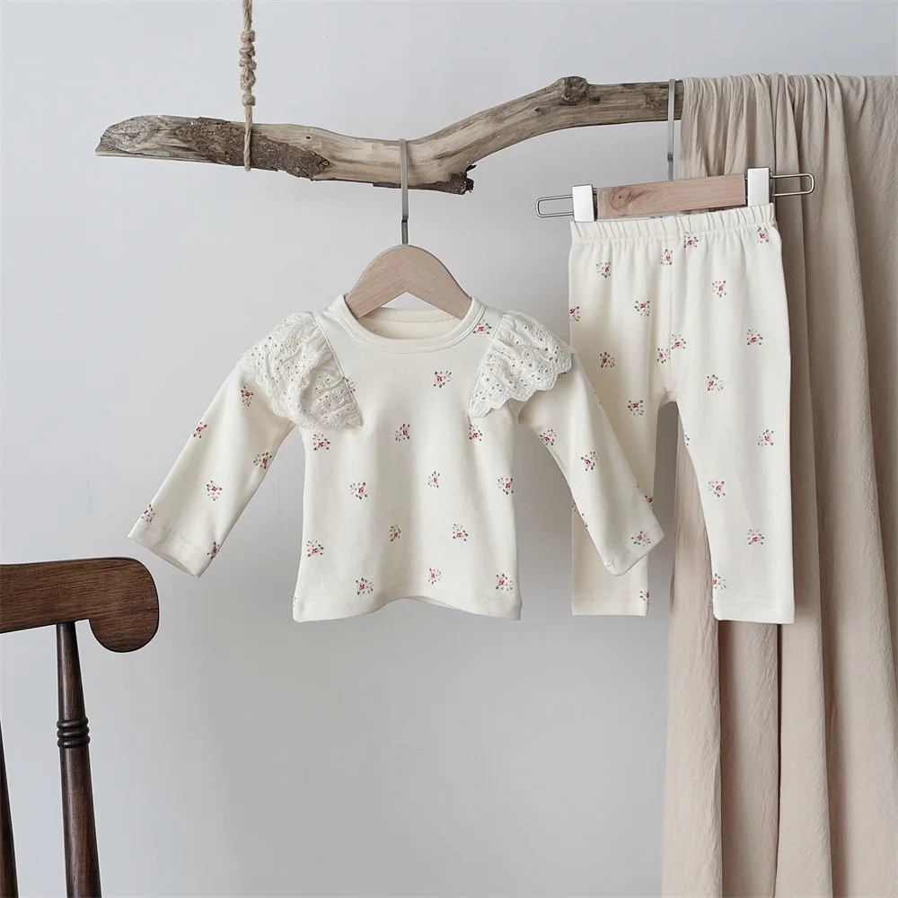 

2025 Spring Autumn Infant Baby Girl 2PCS Clothes Set Cotton Floral Print Lace Top Suit Elastic Waist Toddler Girl Legging Outfit