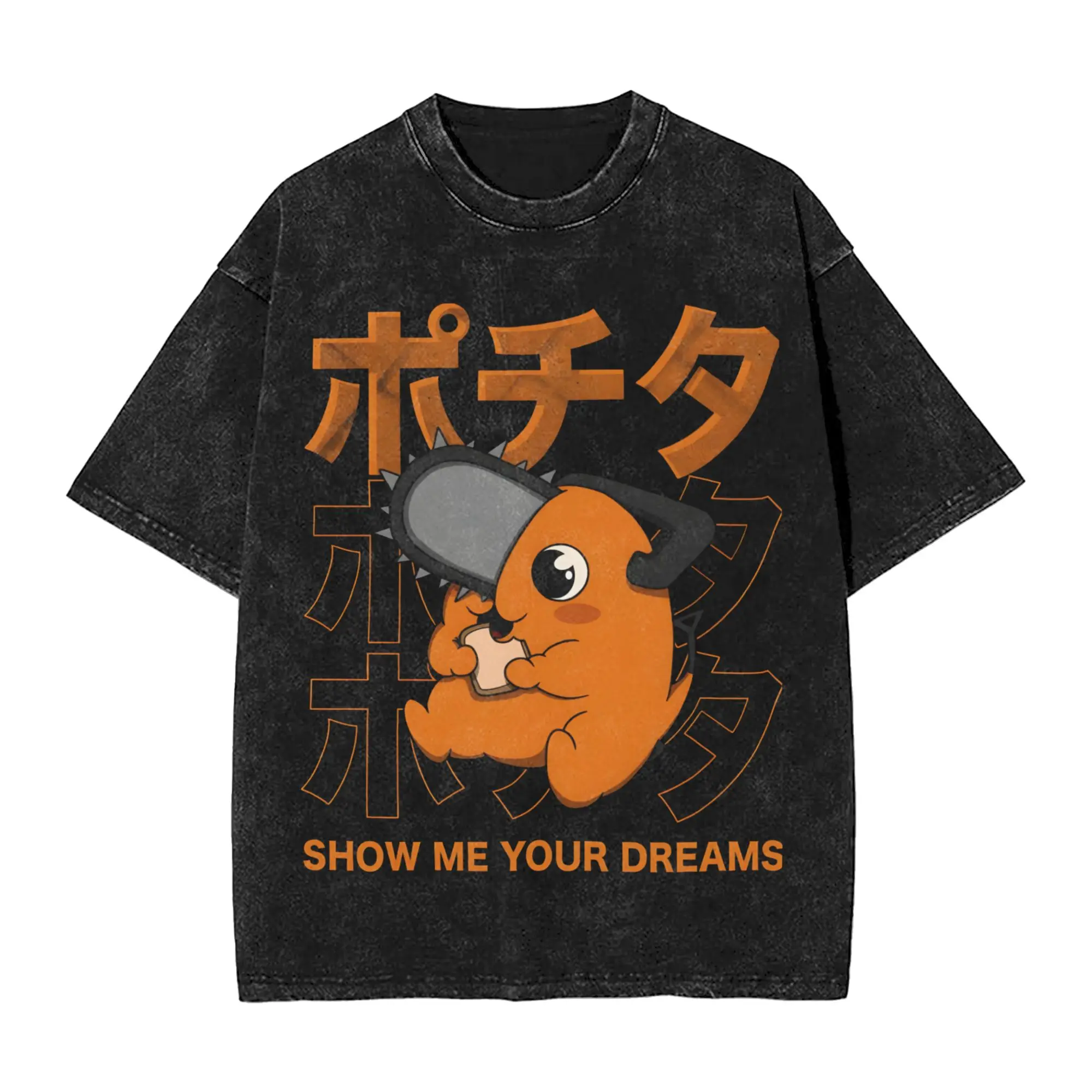 Chainsaws Man Men T Shirts Washed Show me your Dreams  Awesome  Short Sleeve Round Collar T-Shirt Cotton New Arrival Clothes