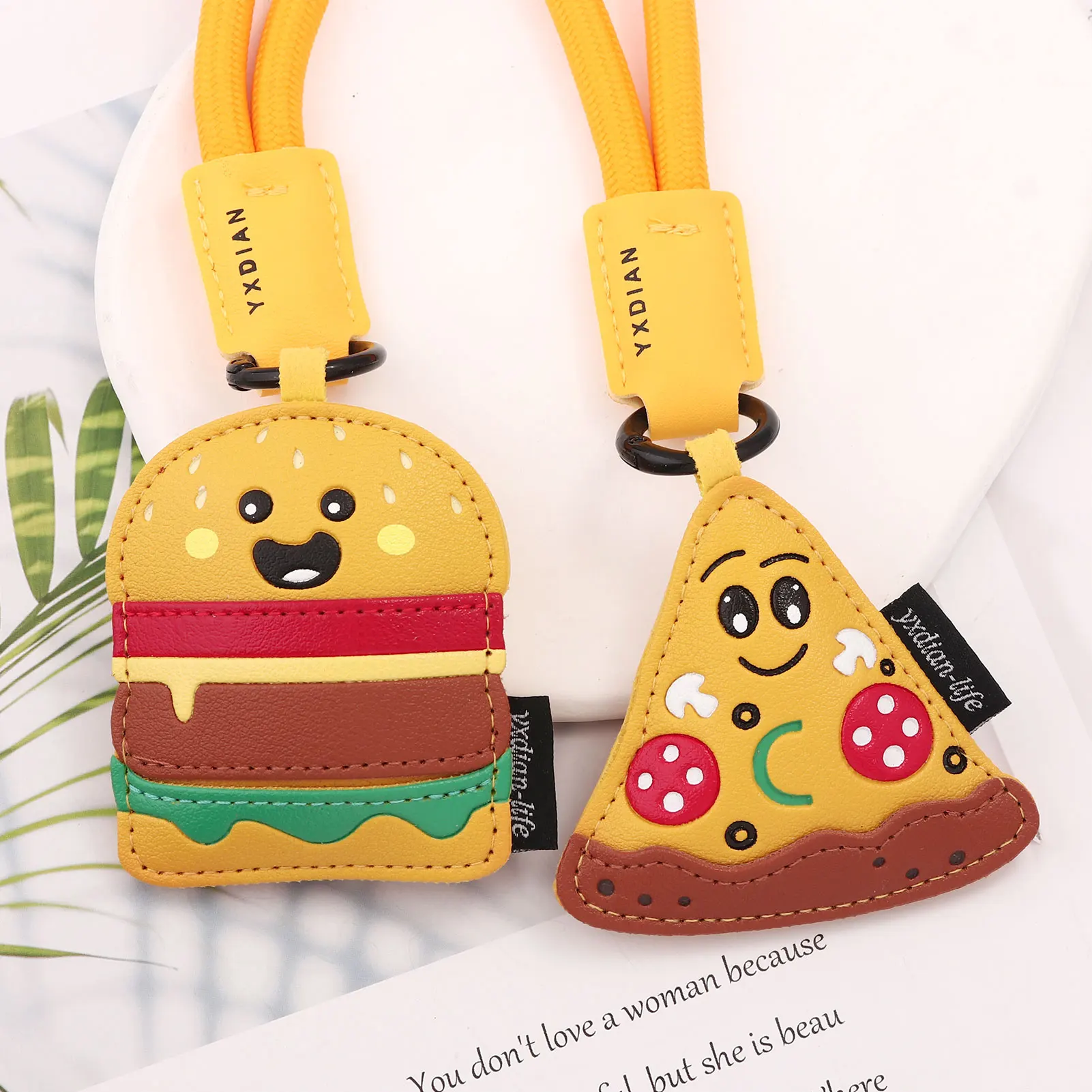 Cute Cartoon Leather Snack Keychain Burger Pizza Fries Donut Pendant Exquisite Couple Bag Charm Accessory Holiday Gift Unisex