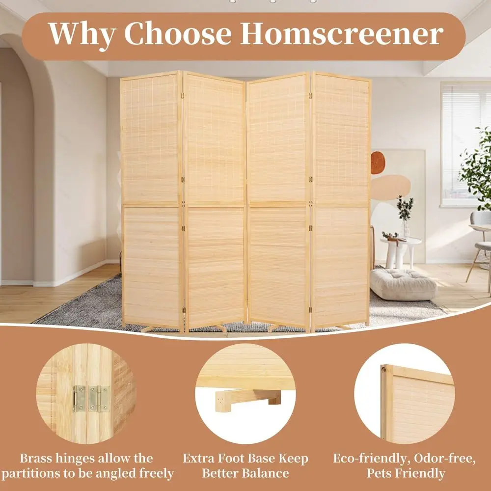 Portable 4-Panel Bamboo Room Divider, 67 Tall, Handcrafted Folding Privacy Screens for Multipurpose Use