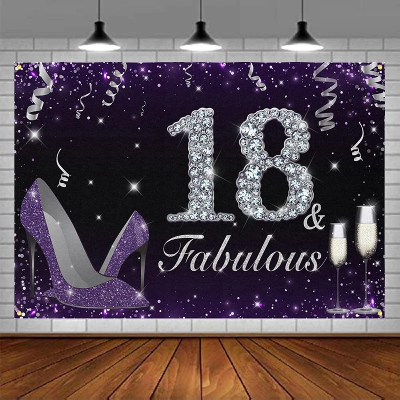 

Photography Backdrop Happy 18th Birthday Banner Fabulous Heels Decorations Party Background Supplies Poster For Girls - Purple