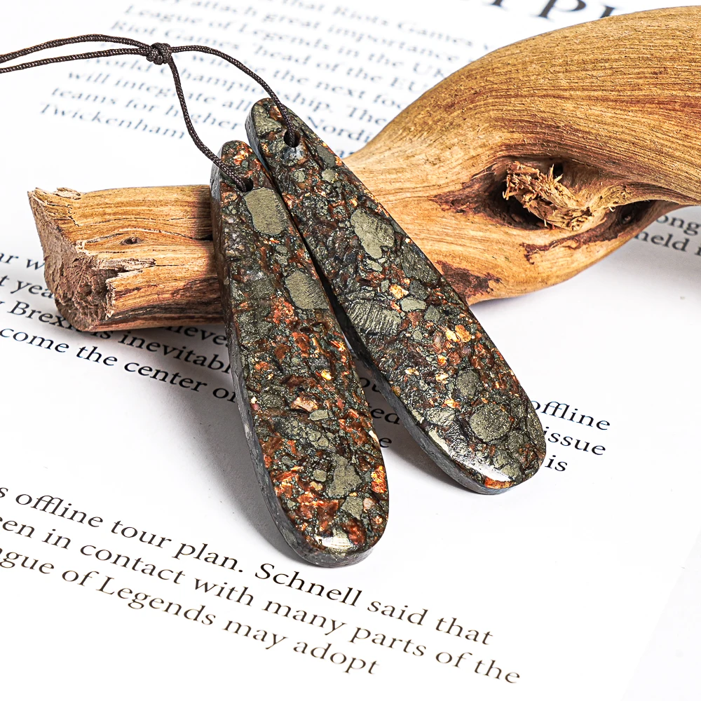 Natural Iron Pyrite Jasper Earring Pair Drilled Long Teardrop Gemstone Earring Cabochon Cab Matched Bead Pair 45X12X4MM