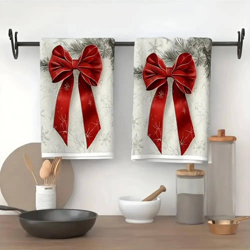2-Pack Festive Red Bow and Snowflake Towel Set