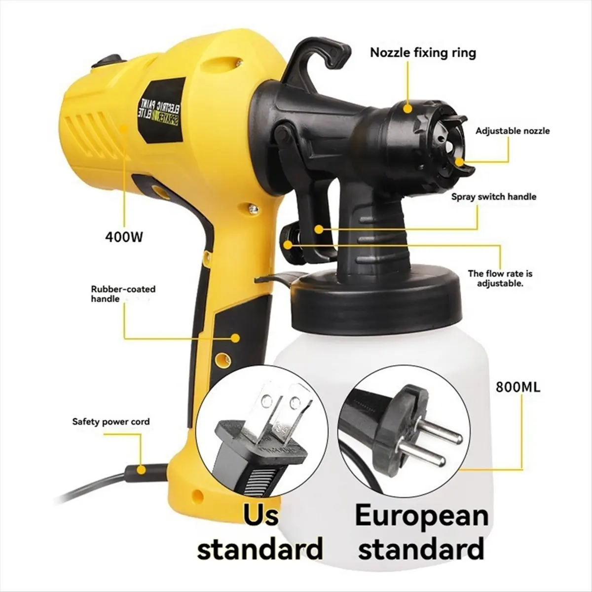 

400W Airbrush 2.5MM Nozzle Sprays Lances Electric Paint Hand Held 800ml Sprays Power Tools Electric Airbrush US Plug