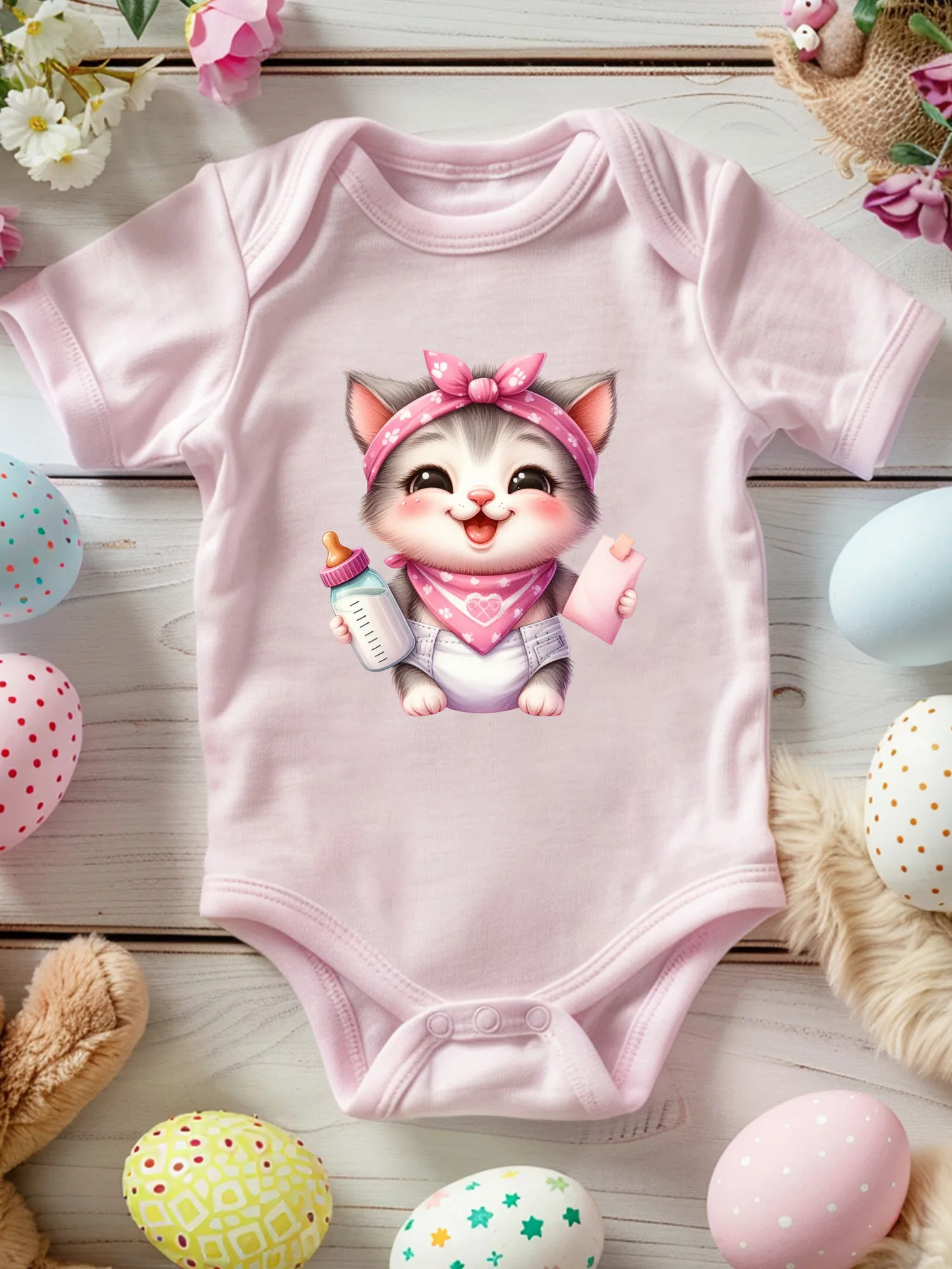

Kawaii Kitty In подгузник унисекс детский костюм для ползания, мягкий комбинезон из 100% хлопка, всесезонный розовый боди 190GSM