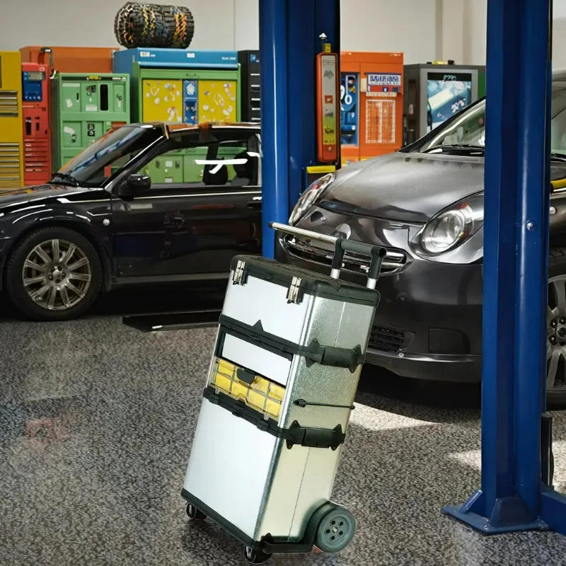 MJ-3166 Telescopisch handvat 23-inch trolleyboxopslag / 580x350x838mm Metalen gereedschapskist met wielen