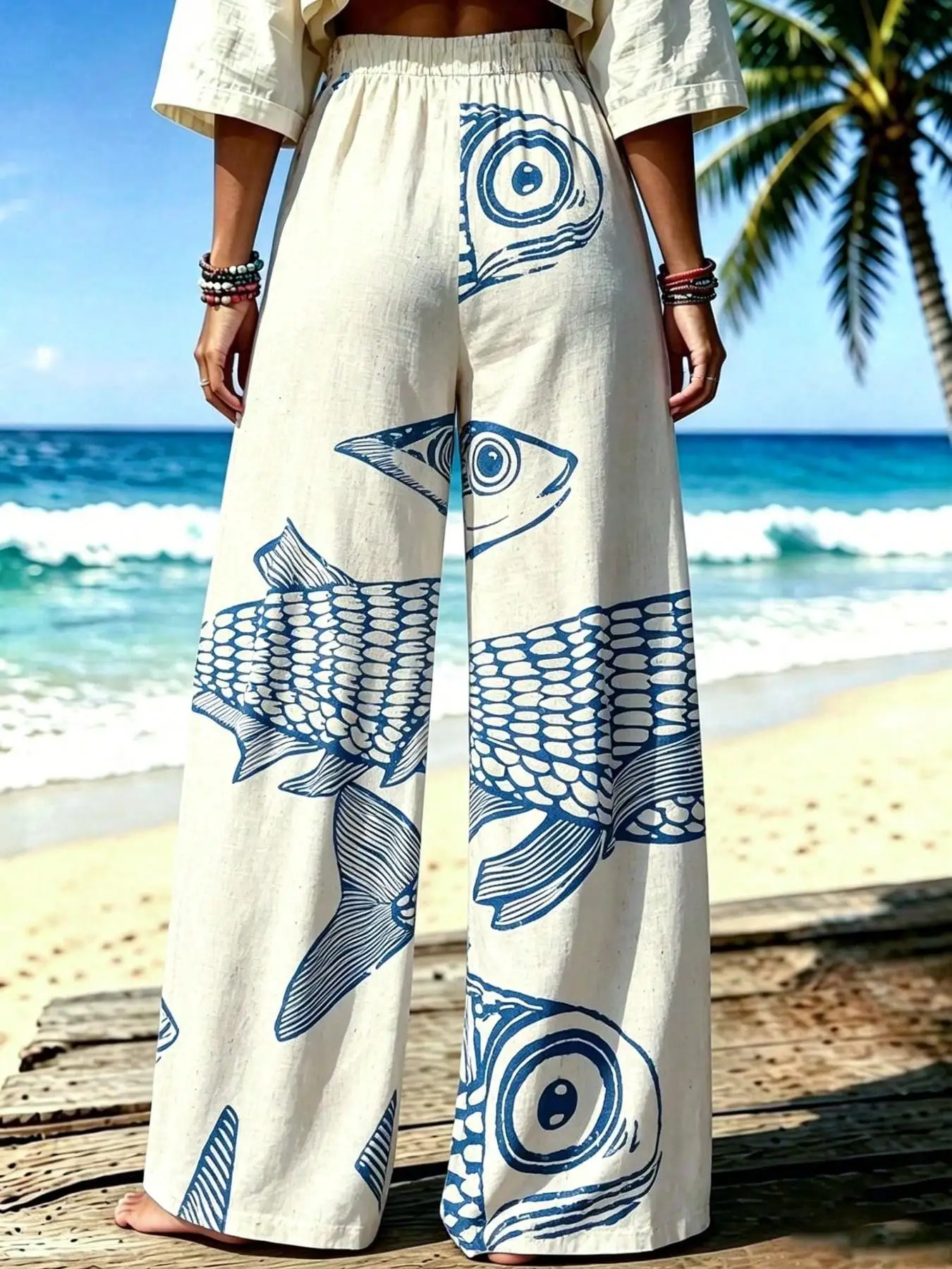Beach holiday fishbone print wide-leg pants, women's elastic drawstring loose trousers, suitable for summer beach outfits