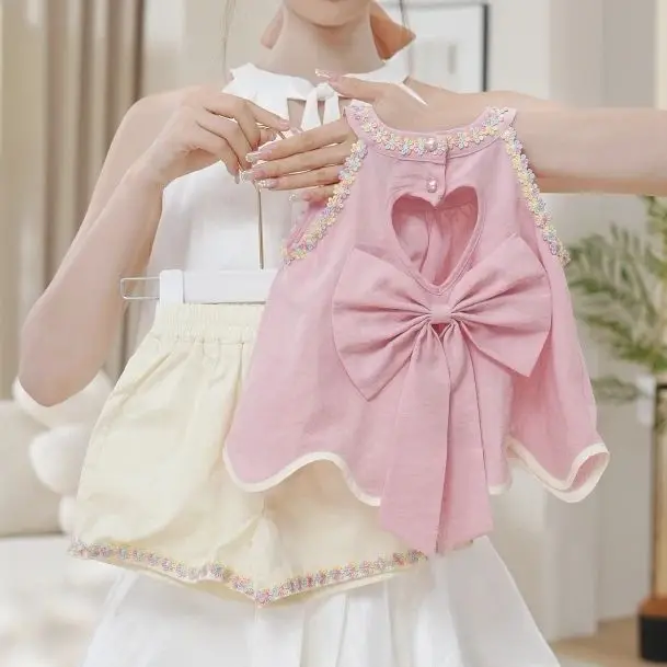 

Girls' Sweet Set Summer Hollow Out Love Big Bow Tank Top+Shorts Two Piece Set Kids Clothes Girls