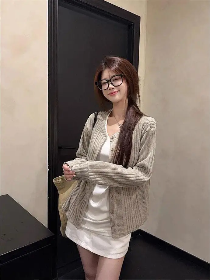 

Корейский вязаный открытый кардиган Sle V-Ne Long Sve, женский модный тренд, осеннее новое поступление, двусторонняя одежда, волокно Coolmax