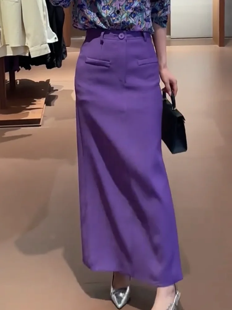 

Элегантная фиолетовая юбка прямого кроя для женщин, офисная, с высокой талией, длинная, в корейском стиле, премиум-класса