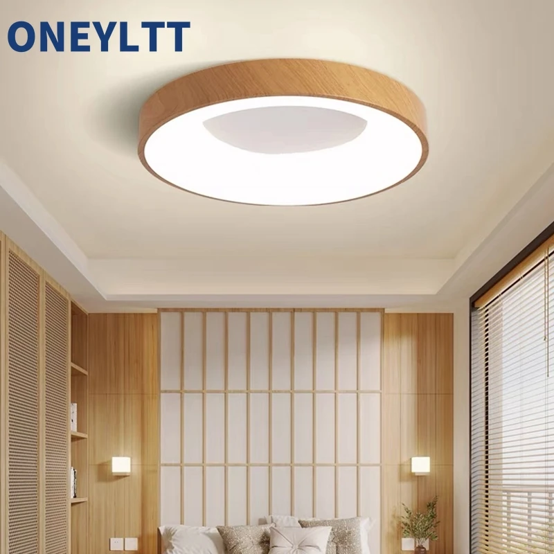 

2025 New wood grain ceiling light walnut ultra-thin circular room bedroom light long aisle Remote APP dimming light Log color