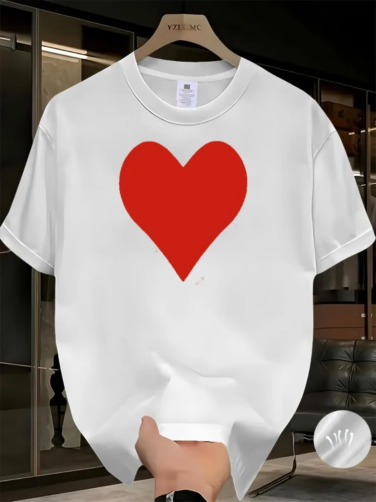 تي شيرت نسائي مطبوع عليه قلب أحمر كاجوال برقبة دائرية وأكمام قصيرة، تصميم قلب أحمر مريح للنزهات والطبقات #2