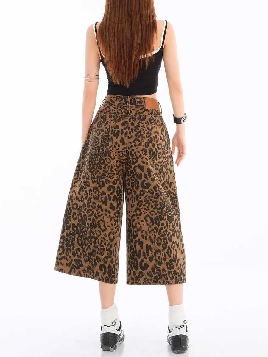 بنطلون نسائي واسع الساق بخصر مرتفع وطبعة الفهد على الطراز الأمريكي، مقاس كبير، فضفاض ومريح للصيف #2