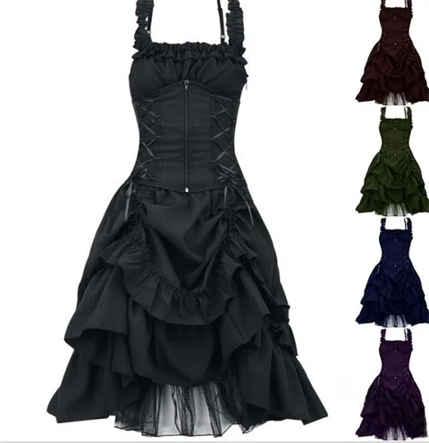 Gothic Style Lolita Cosplay Dress Slim Fit Wrap Waist Asymmetrical Design Cotton Evening Gown for Women's Performance And Party