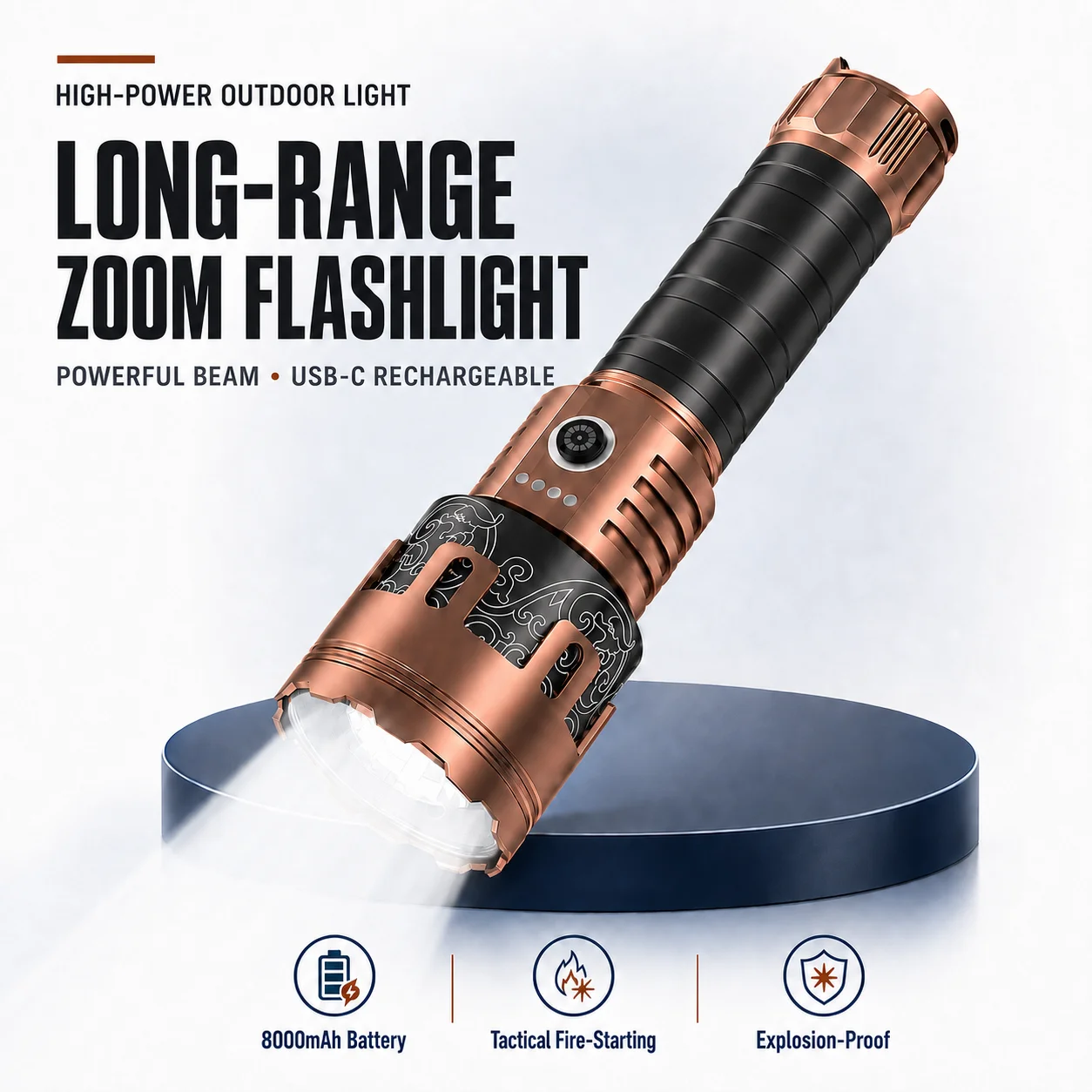 Explosion-Proof Tactical Fire-Starting LED Flashlight 2000LM USB-C Rechargeable Power Bank Waterproof Camping Survival Torch