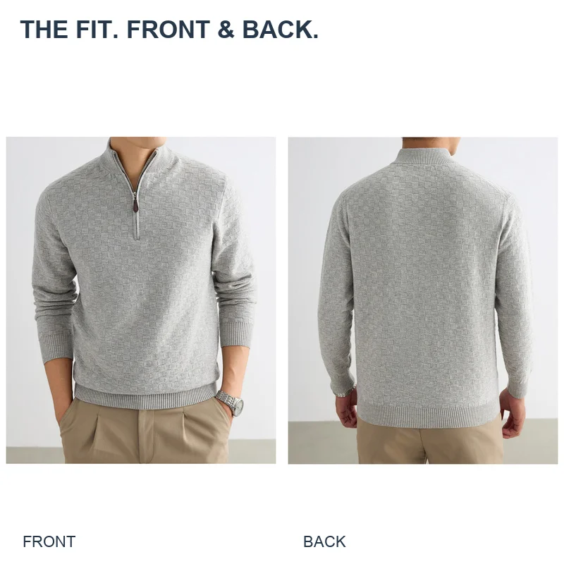 Mens Half Zip Textured Knit Sweater Long Sleeve Stand Collar Relaxed Pullover for Autumn Winter Casual Everyday Smart Outfits