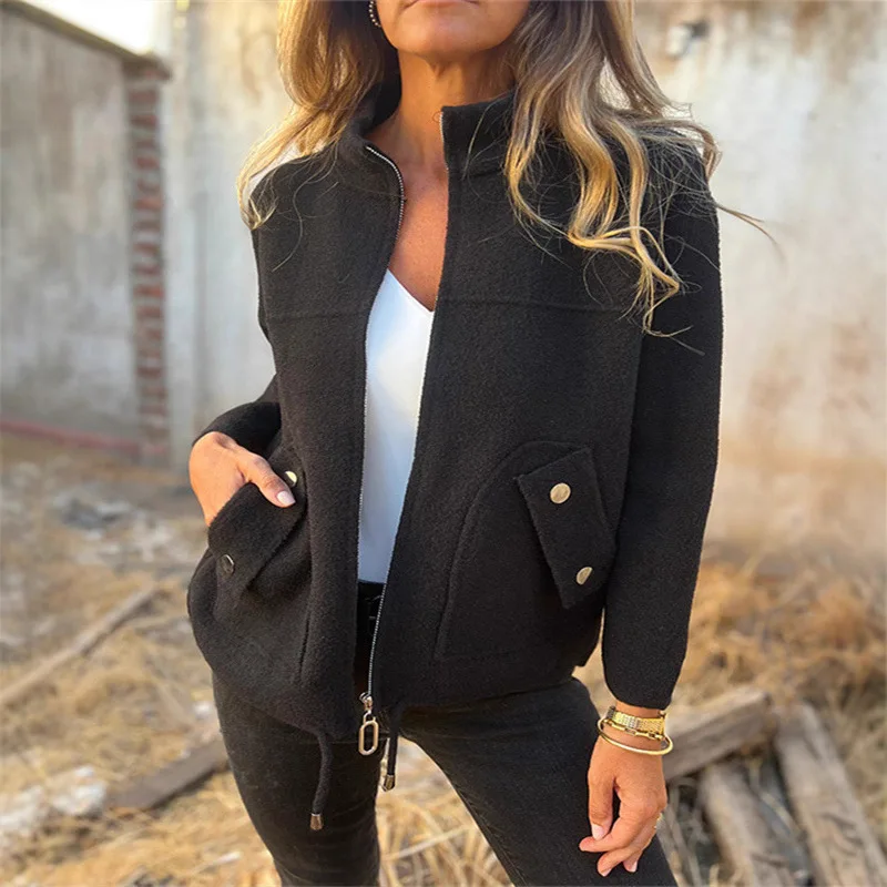 

2025 Autumn and Winter New Women's Casual Woolen Collar Drawstring Pocket Suit Coat