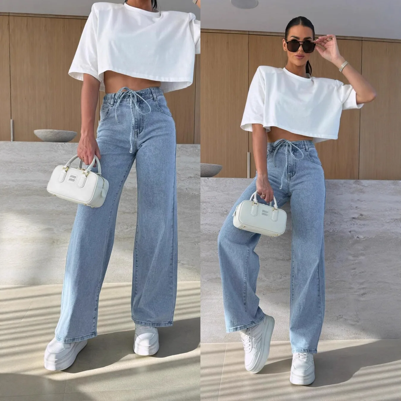 

2026, весна-лето, новые широкие джинсы с высокой талией и эластичной резинкой на талии, свободные универсальные прямые брюки для женщин