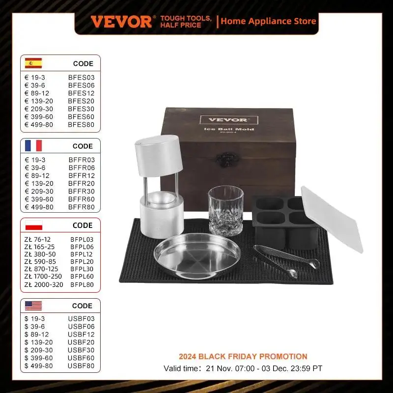 VEVOR 60mm Ice Ball Press Maker Spherical Whiskey Tray Mould Bubble-Free Making Mold DIY Crystal Ice Ball Box for Bar Cocktail