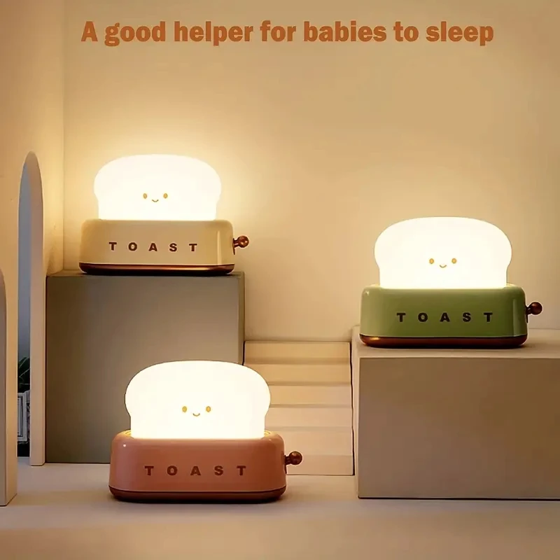 Cute Toast Bread LED Night Lamp,Creative USB Rechargeable Toast Night Light,Timer and Dimmable Bedside Sleep Lamp Desk Decor for