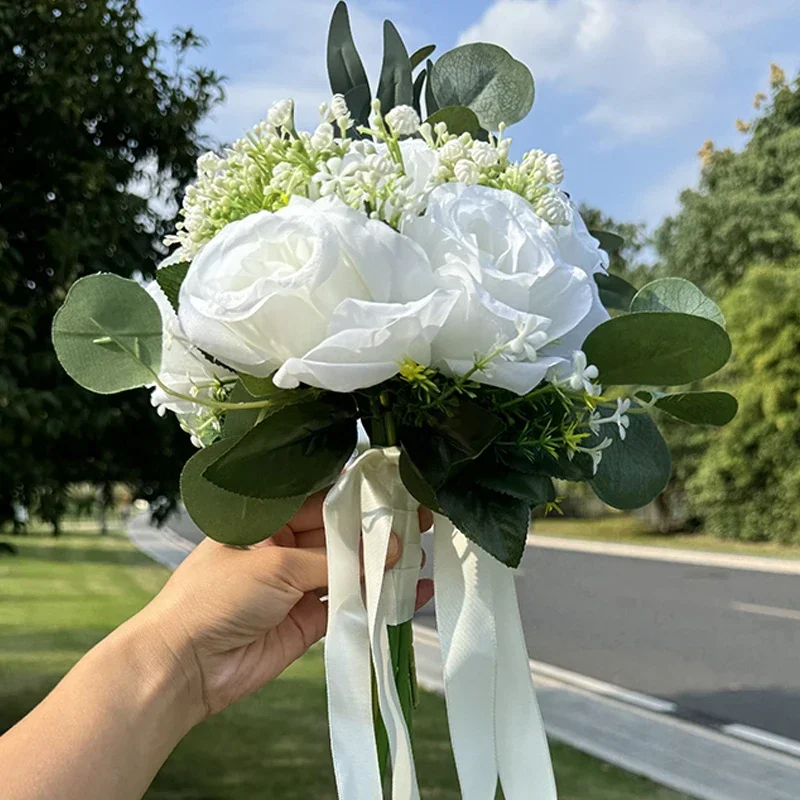 Buquê de noiva artificial, rosa branca, buquê de casamento para cerimônia de casamento e aniversário, decoração de casamento, 1 peça