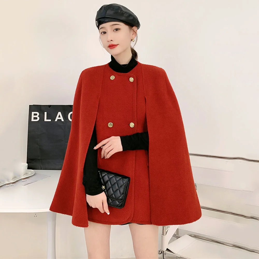 Korean Style Wool Blends Poncho Autumn Winter 2023New French Ladies Cape Cloak Womens Fashion Warps Black Knit Shawl 2 Piece Set