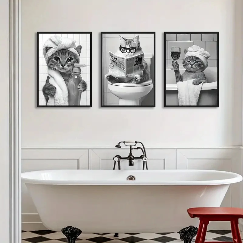 Lot de 3 affiches murales sur toile, peintures d'animaux mignons en noir et blanc, chats originaux, abstrait moderne, décoration pour salle de bain, toilettes et maison