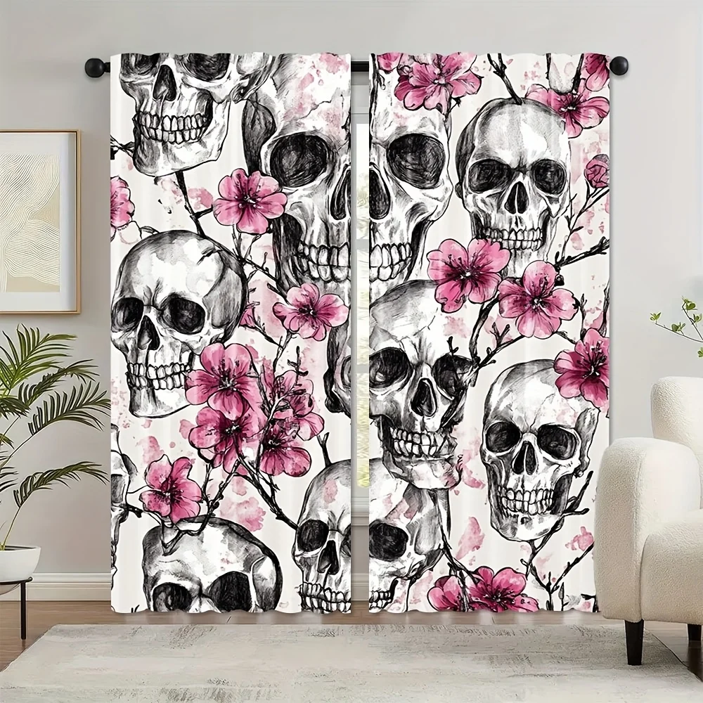 Dark Skull Curtain Panels, Sketch Skulls Sakura Blooms Water‑Wash Retro Tone Print Drapes for Gothic‑Style Apartment Decor
