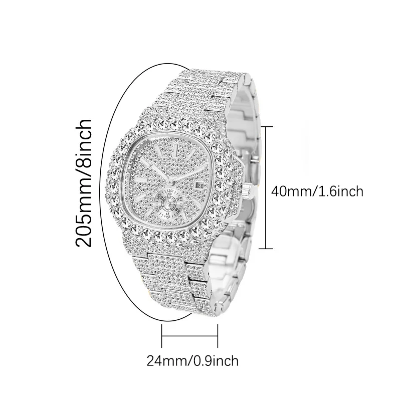 Luxury Hip Hop Diamond Shiny Quartz Watch for Men Vintage Silver Stainless Steel Men\'s Watches Square Waterproof reloj Dropship