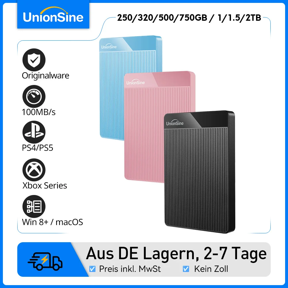 Disque Dur Externe UnionSine 1TB/500GB, 2.5" Portable HDD - USB 3.0 Compatible PC, Ordinateur Portable, Xbox, PS4, PS5 - Multi-Couleurs - Expédié d'Allemagne