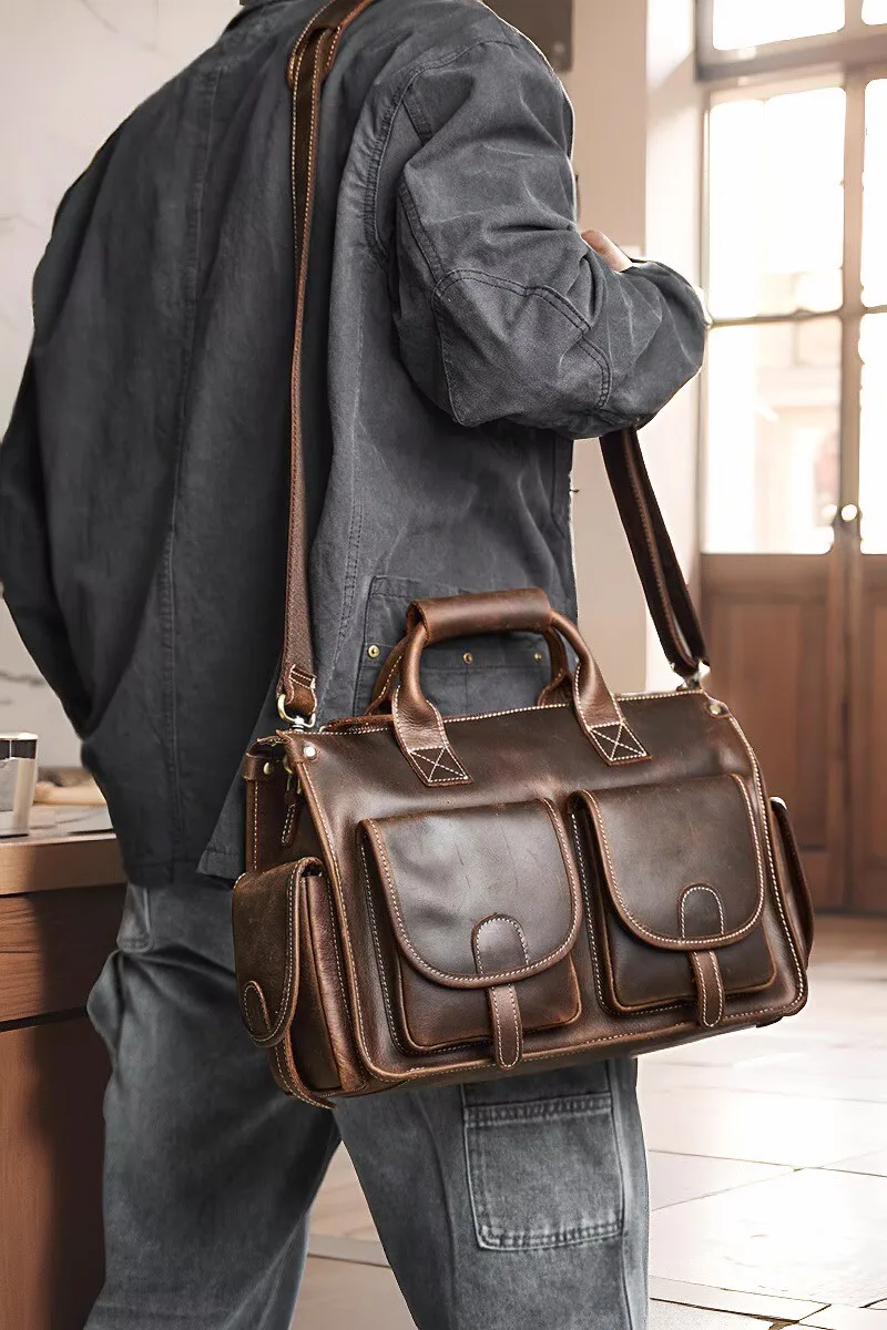Nupugoo Vintage Echt leder Herren Aktentasche Umhängetasche verrückte Pferd Leder Handtasche mit 16-Zoll-Laptop – Detail 4