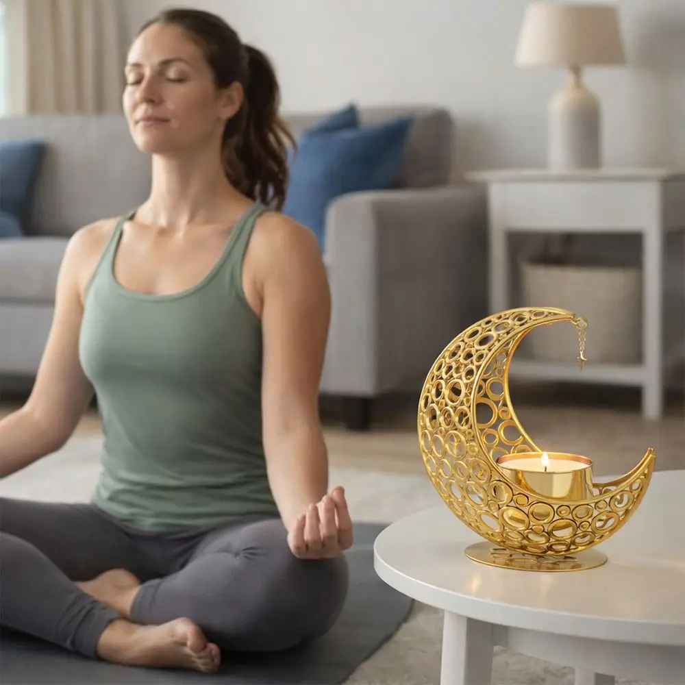 Moon Shape Moon Candle Holder Eid Al-Fitr Luxury Style Metal Incense Burner Iron Gold Silver Black Tea Light Cup Stand