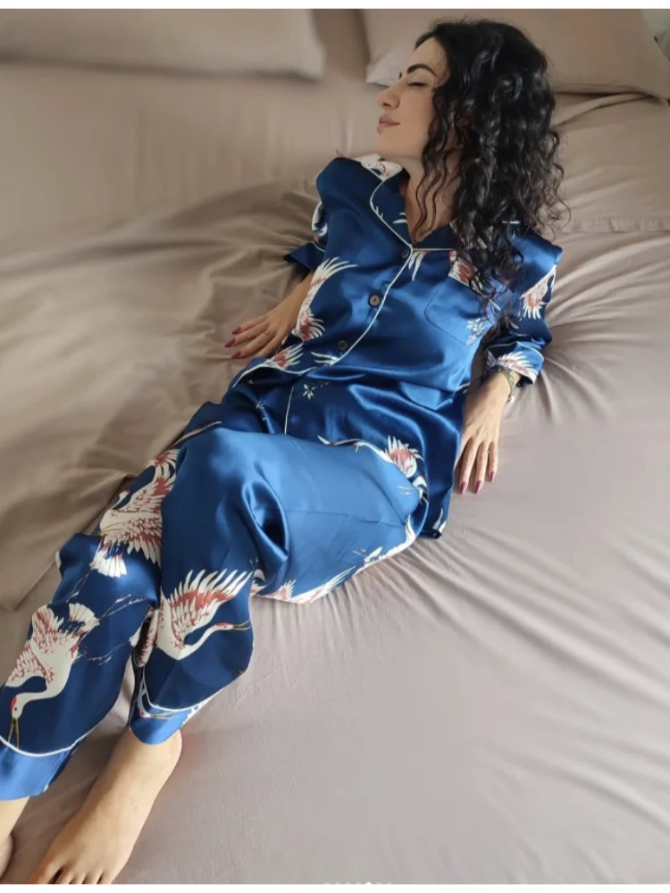 Women Silk Pajamas set Printed Ladies Long Sleeve Nightwear Set Navy Blue soft sleepwear 100% Mulberry Silk Two-piece Pyjama Set