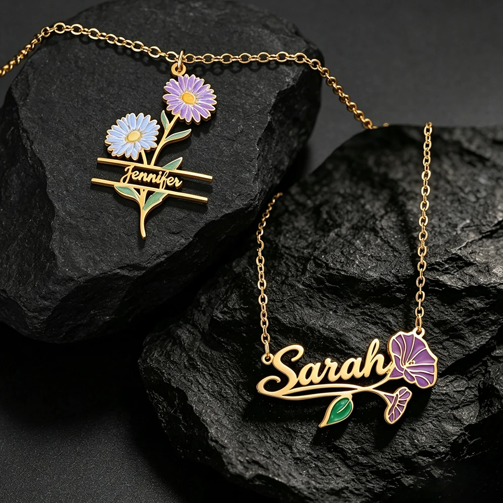 Custom Colorful Flowers Name Necklace Stainless Steel UV Printing Pendant Personalized Birth Month Flower Jewelry for Women Gift