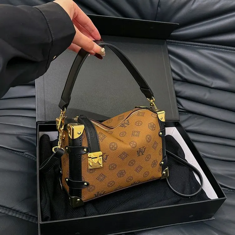 

2026 New Women's Soft Box Bag, Fashion Print Color Blocking, Convertible Top Handle Shoulder Crossbody Bag for Daily Outing