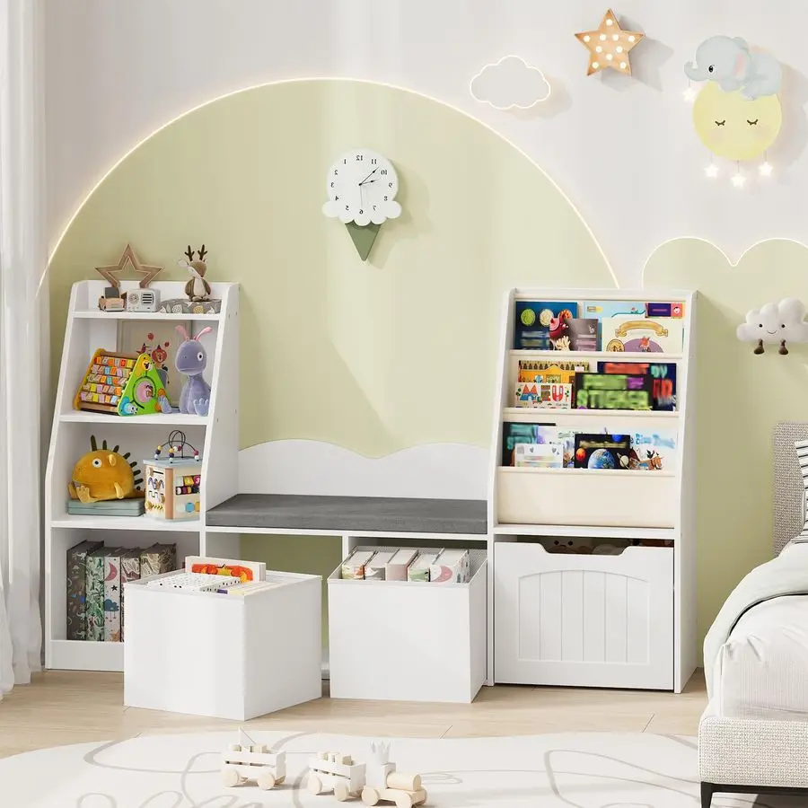 Kids Bookshelf with Reading Nook, 4in1 Childrens Bookcase with Soft Bench, Mobile Drawer amp Fabric Bins, Storage Shelves, Books