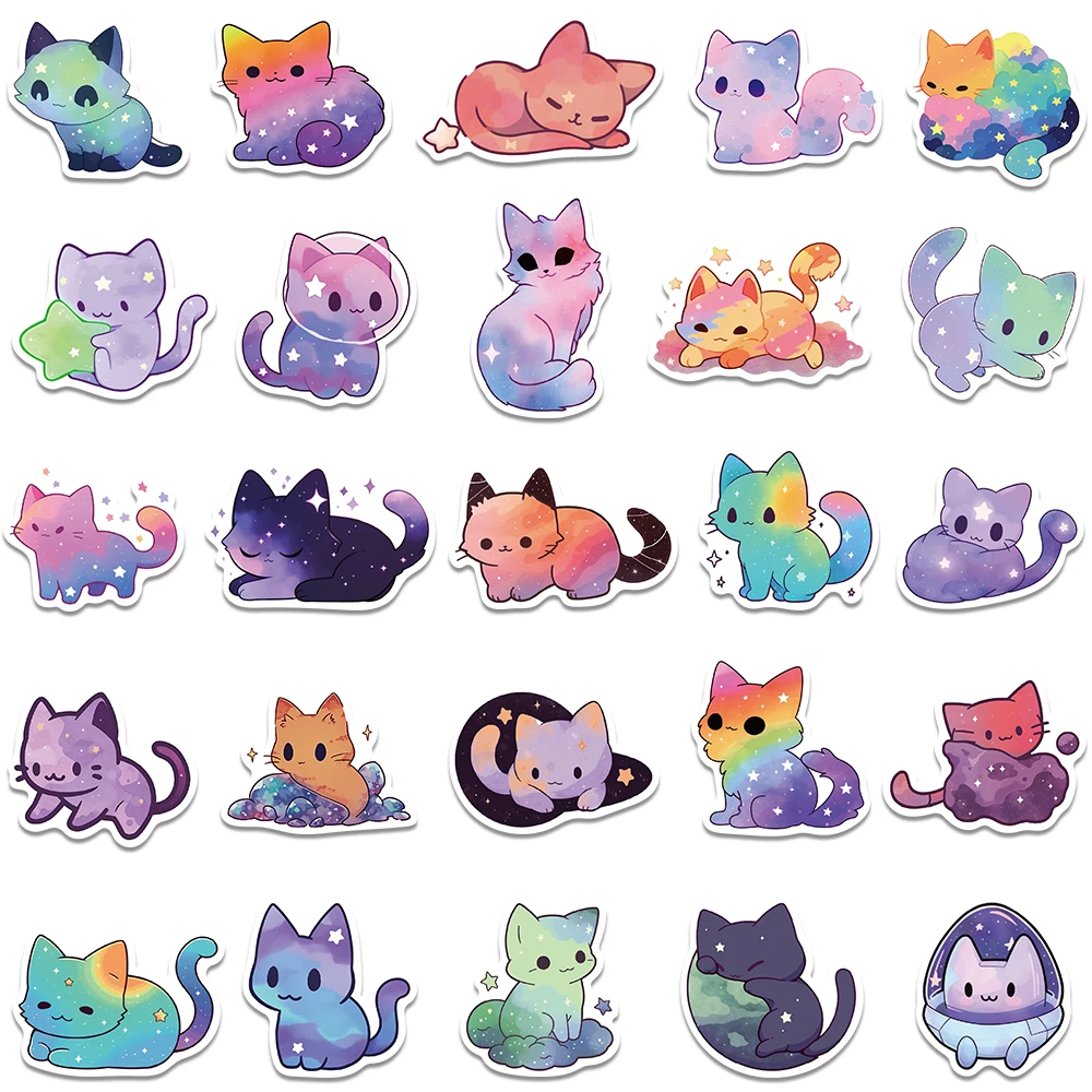 50PCS Cute Starry Sky Cat PVC Sticker DIY Aesthetic Chidlren\'s Stationery Vinyl Decoration Scrapbooking School Supplies for Kids