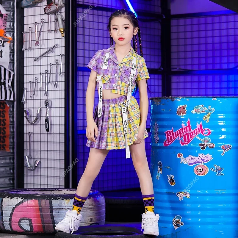 Kinder Hip Hop Crop Top Plaid Street Dance Rock Mädchen Band Falten Röcke Teenager Jazz Coole Kostüme Kind Streetwear Kleidung Set