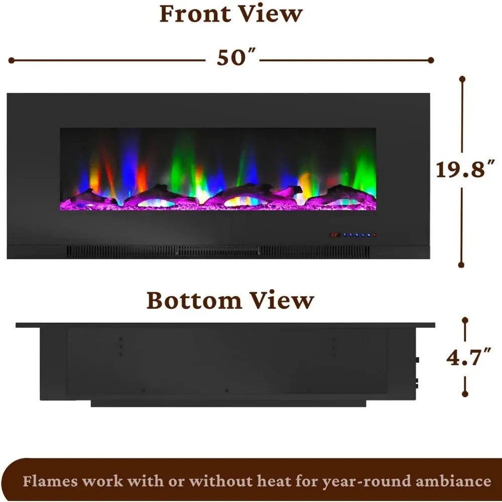 Chimenea eléctrica montada en la pared de 50 pulgadas con llama realista y exhibición de troncos de madera flotante, calentador para habitación, con control remoto