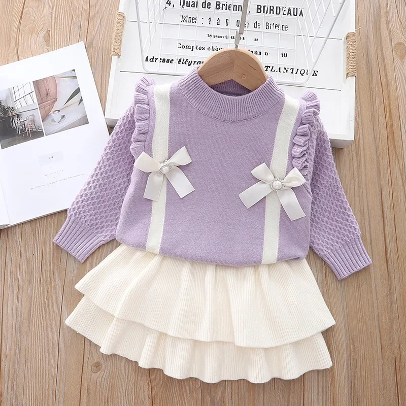 Baby Girl Clothes Girls Sweater 2-6Y Autumn Winter Knitting Sweater Suit Bow Sweater + Pleated Skirt Knitted 2-piece Set